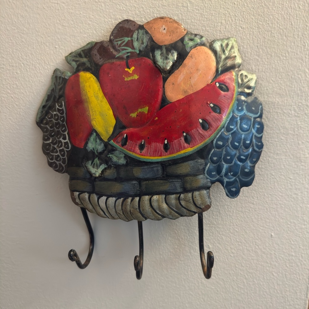 Vintage folk art style Metal wall hook, fruit, rustic, hand painted, Vintage